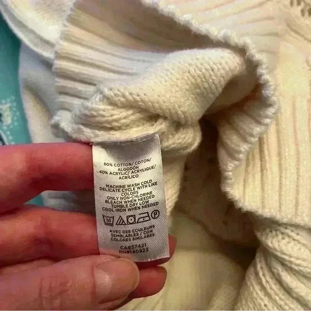 Ann Taylor Loft White Knit Sweater Ruffle Sleeve Cable Knit Women’s Size Medium - Picture 9 of 12